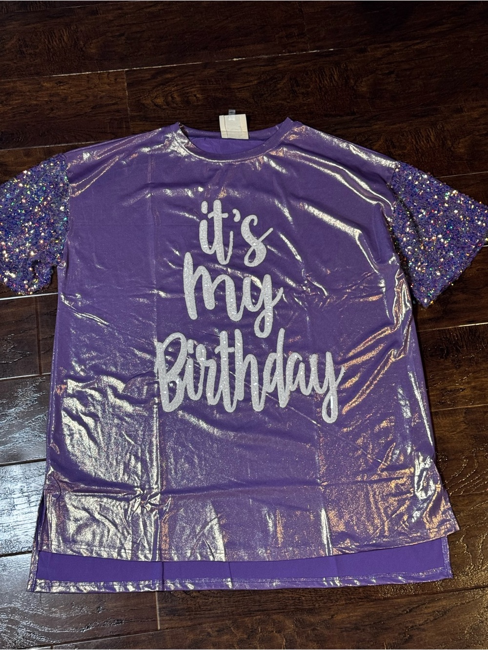 NWOT Fantastic Fawn Purple "It's My Birthday" Glitter Sleeve Tee Dress Size L